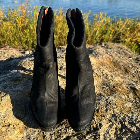 Mugnai Women Black Crinkled Nubuck Leather Almond Toe Heeled Platform Booties 37 - Picture 7 of 16